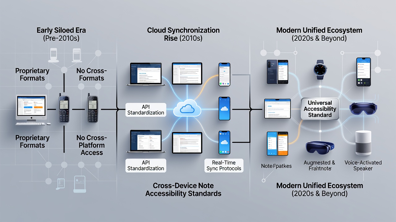 Illustration of diverse professionals accessing synchronized notes on laptops, tablets, and smartphones in a collaborative workspace